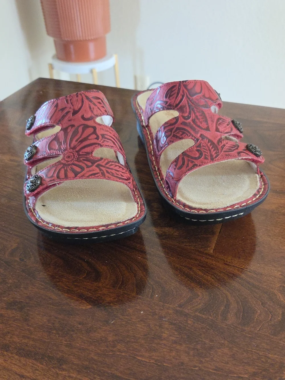 Alegria Red Floral Leather Slide Sandals